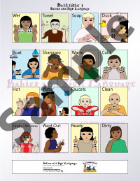 Picture of baby sign language poster showing illustrated toddlers signing signs related to bathtime