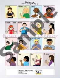 Picture of baby sign language poster showing illustrated toddlers signing signs related to manners