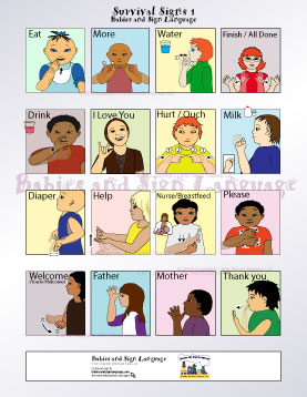 image of baby signing poster showing illustrated toddlers signing different signs for colors