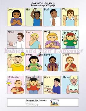 image of baby signing poster showing illustrated toddlers signing different signs for colors