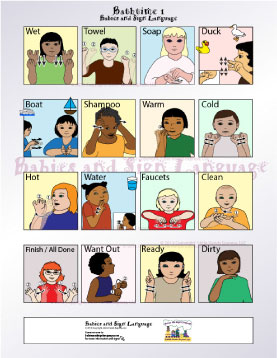 image of baby signing poster showing illustrated toddlers signing signs related to bathtime