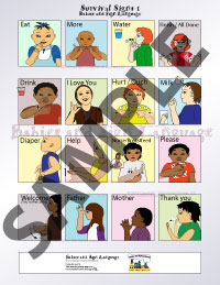 Picture of illustrated babies signing asl general signs on a chart