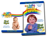 Picture of a cover of a DVD called My Baby Can Talk with a little baby in a blueish purple shirt with a smile and hands together