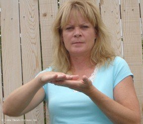 image shows a blond woman making the asl sign for clean or nice using a flat handshape image shows a blond woman making the asl sign for clean or nice using a flat handshape